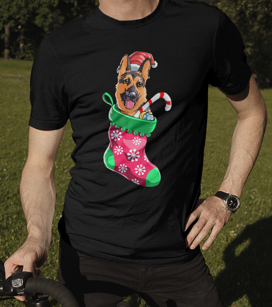 German Shepherd In Christmas Santa Hat Stocking With Candy Cane T-Shirt