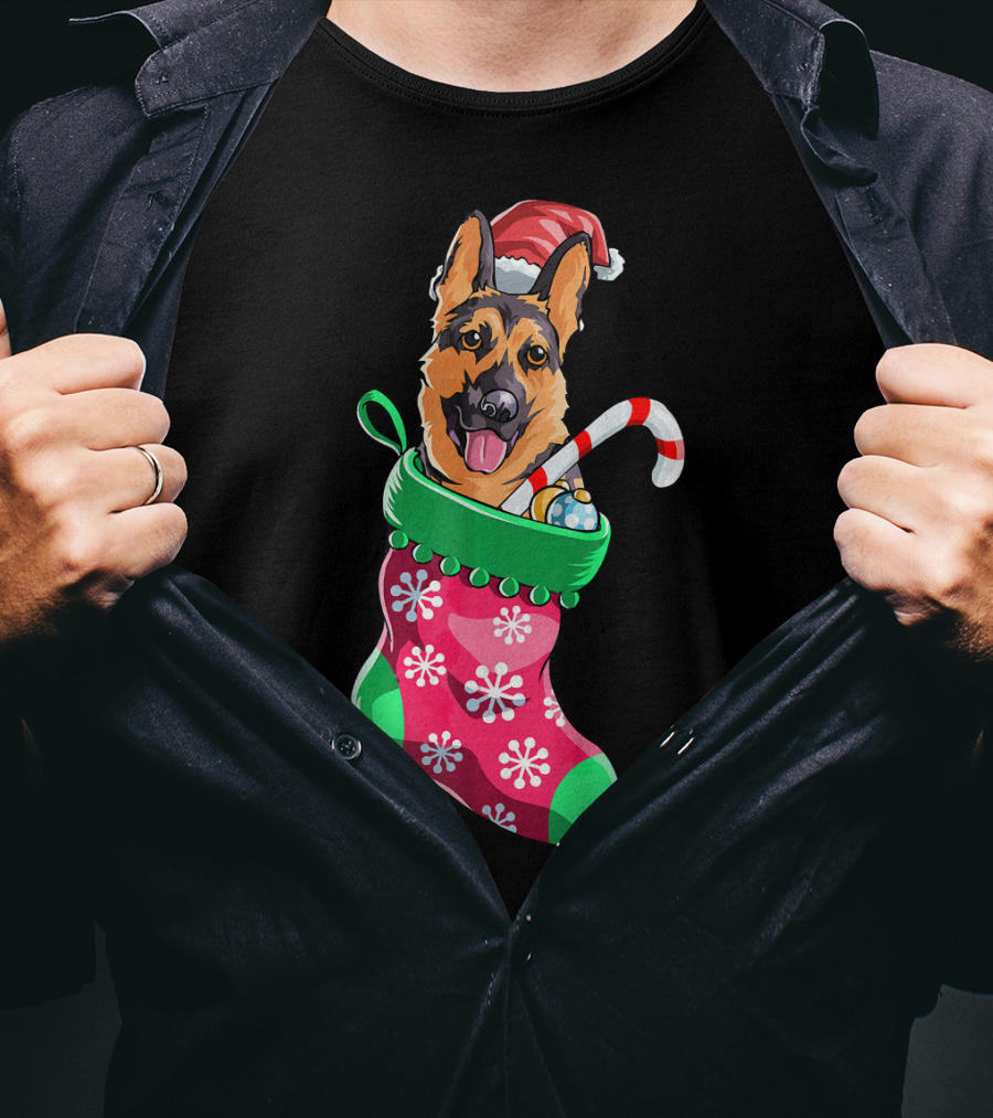 German Shepherd In Christmas Santa Hat Stocking With Candy Cane T-Shirt