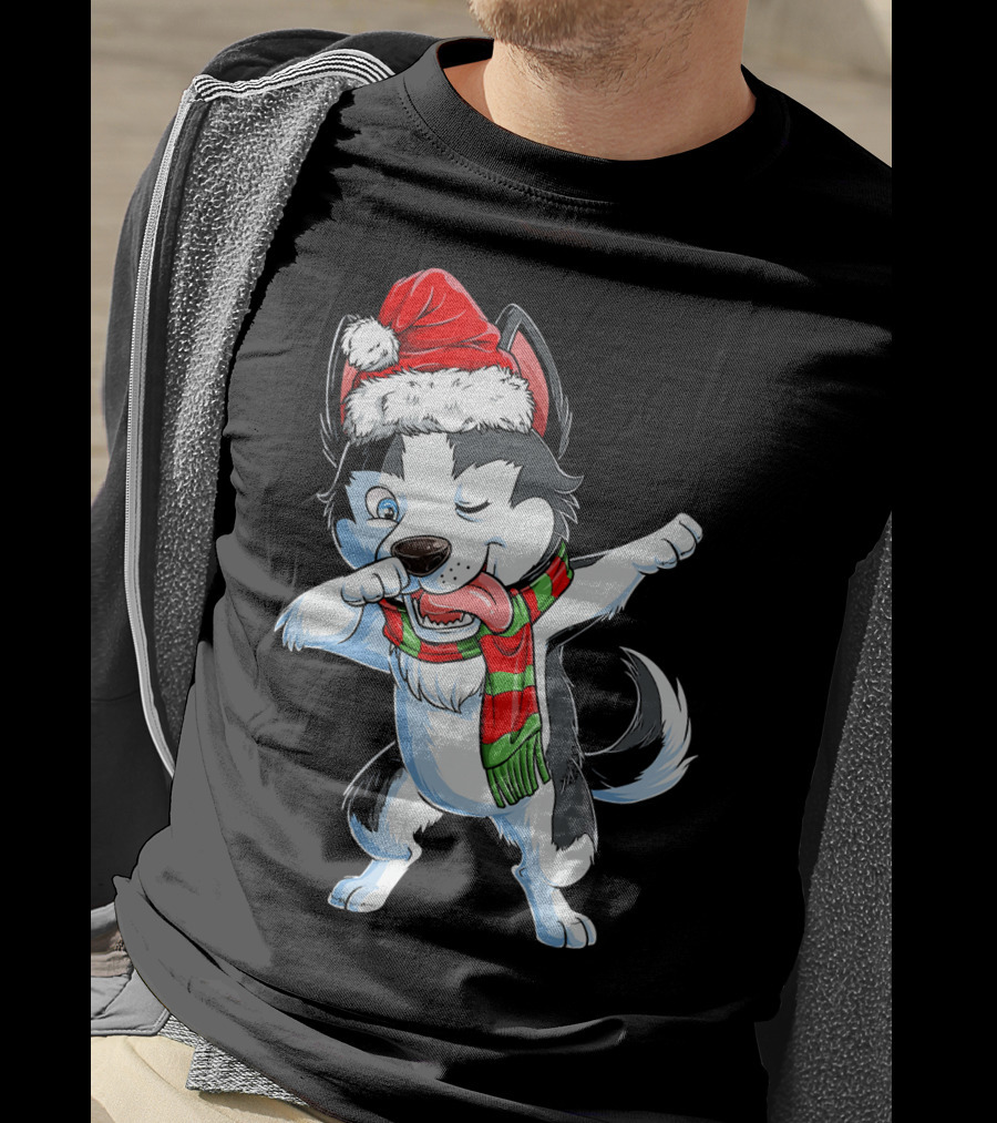 Dabbing Siberian Husky Santa Christmas Dog With Scarf T-Shirt