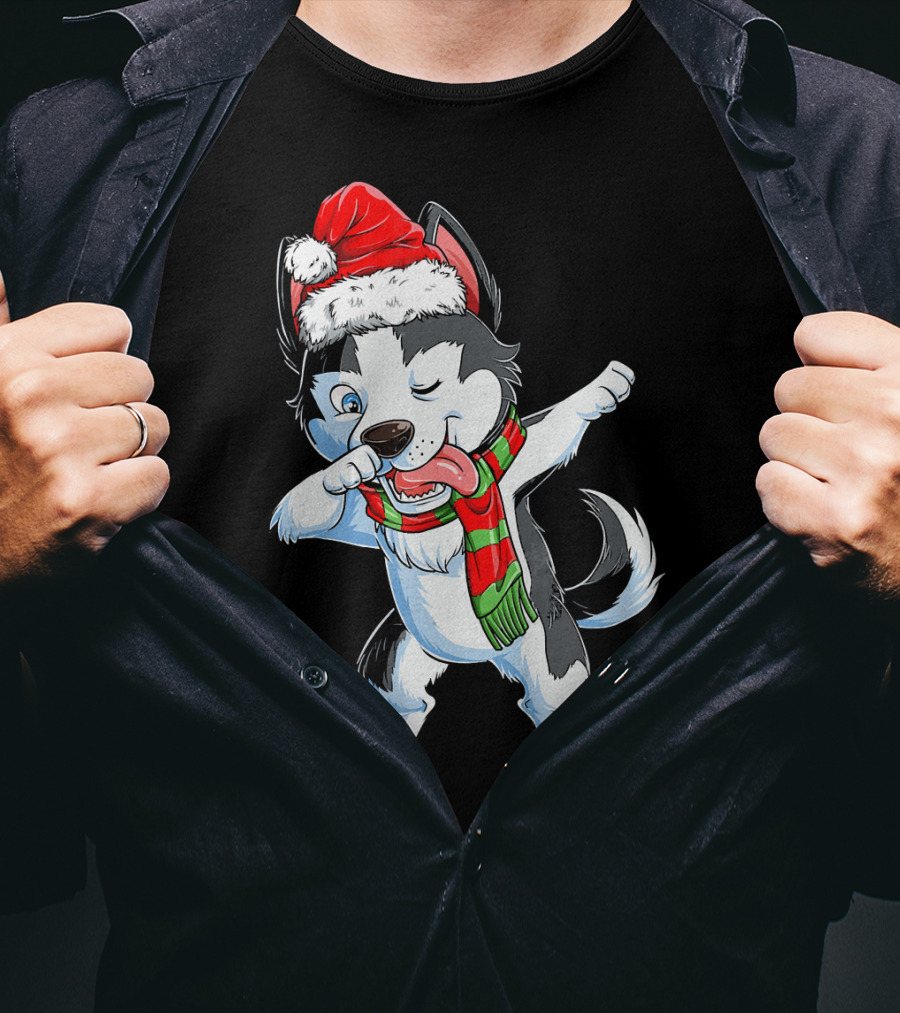 Dabbing Siberian Husky Santa Christmas Dog With Scarf T-Shirt