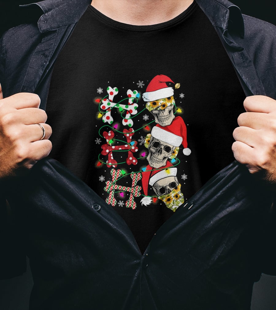 Ho Ho Ho Skull Santa Hat Christmas Lights Skulls T-Shirt