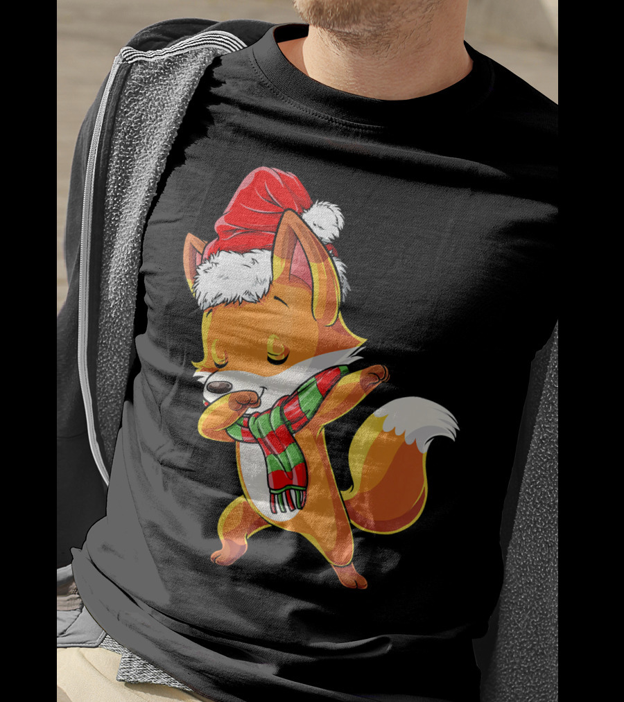 Christmas Dab Fox With Santa Hat And Scarf T-Shirt
