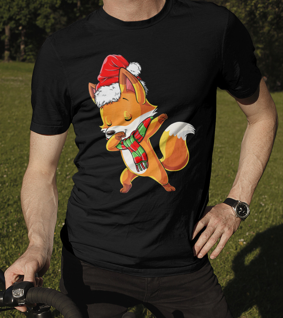 Christmas Dab Fox With Santa Hat And Scarf T-Shirt