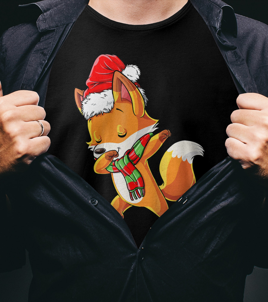 Christmas Dab Fox With Santa Hat And Scarf T-Shirt