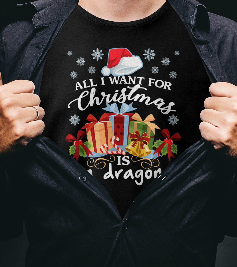 All I Want For Christmas Is A Dragon Santa Hat Presents Snowflakes T-Shirt