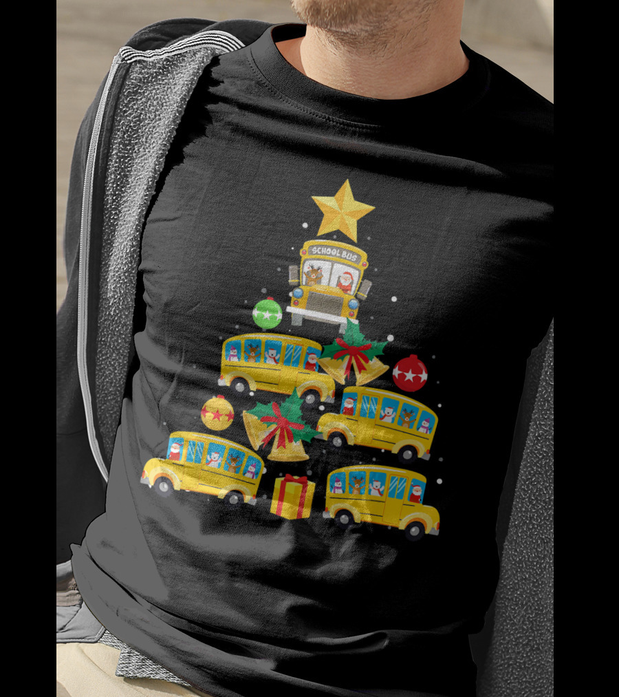 School Bus Christmas Tree With Santa Reindeer Ornaments And Gifts T-Shirt