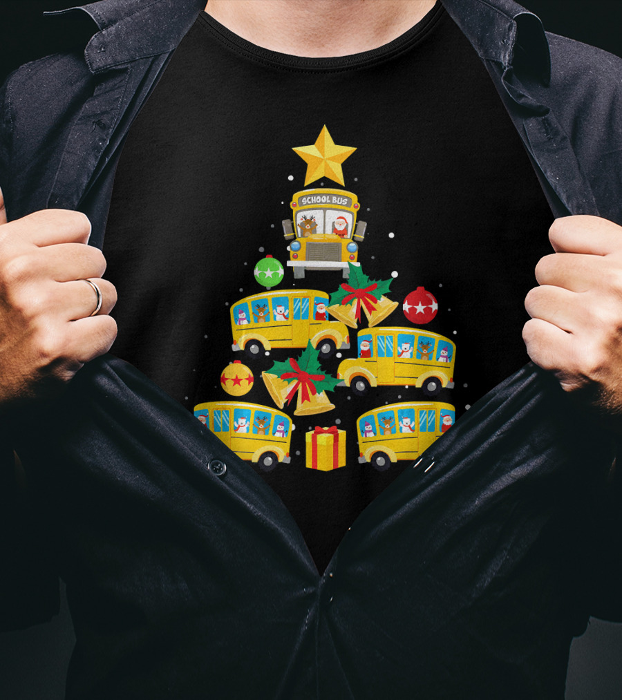 School Bus Christmas Tree With Santa Reindeer Ornaments And Gifts T-Shirt