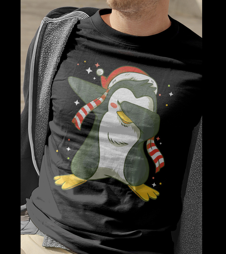 Christmas Xmas Santa Claus Penguin Dabbing Scarf Santa Hat T-Shirt