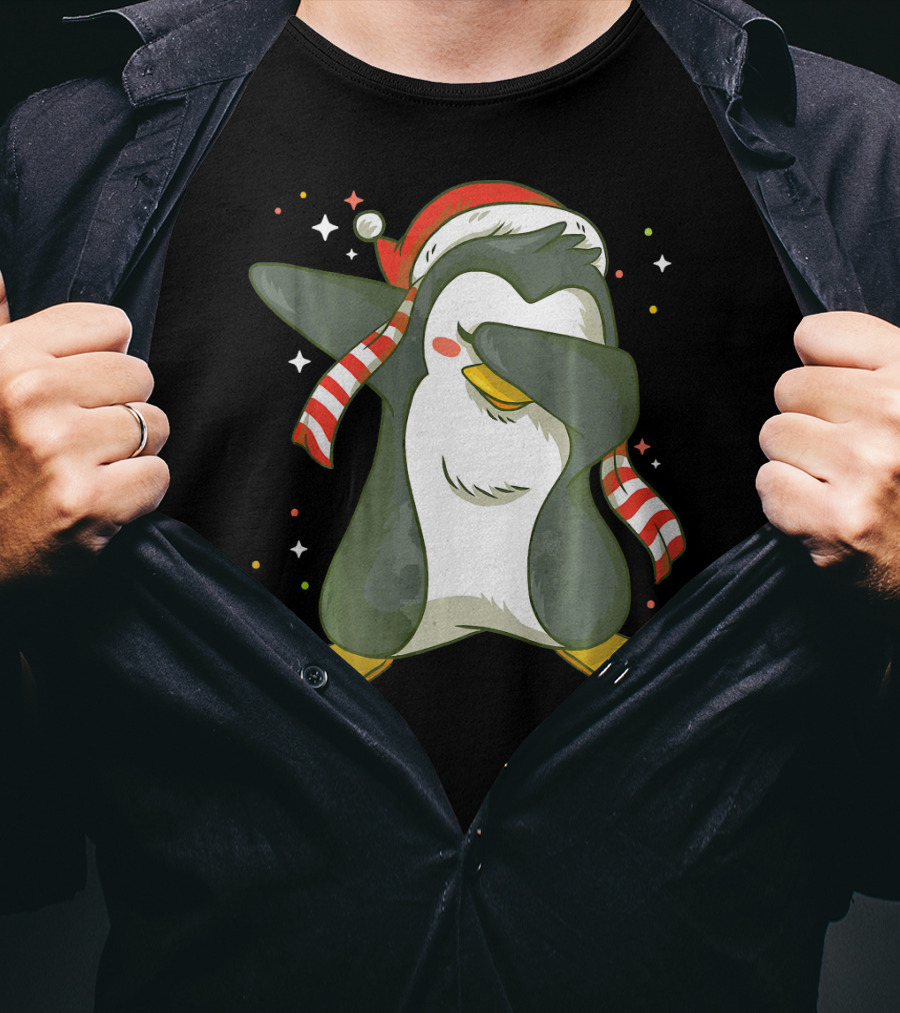 Christmas Xmas Santa Claus Penguin Dabbing Scarf Santa Hat T-Shirt