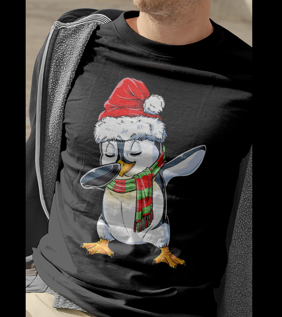 Dabbing Penguin Santa Claus With Festive Scarf T-Shirt