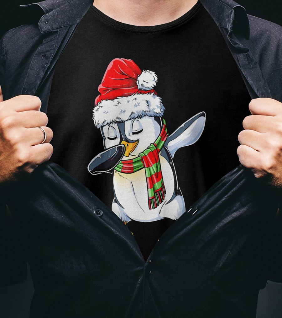 Dabbing Penguin Santa Claus With Festive Scarf T-Shirt