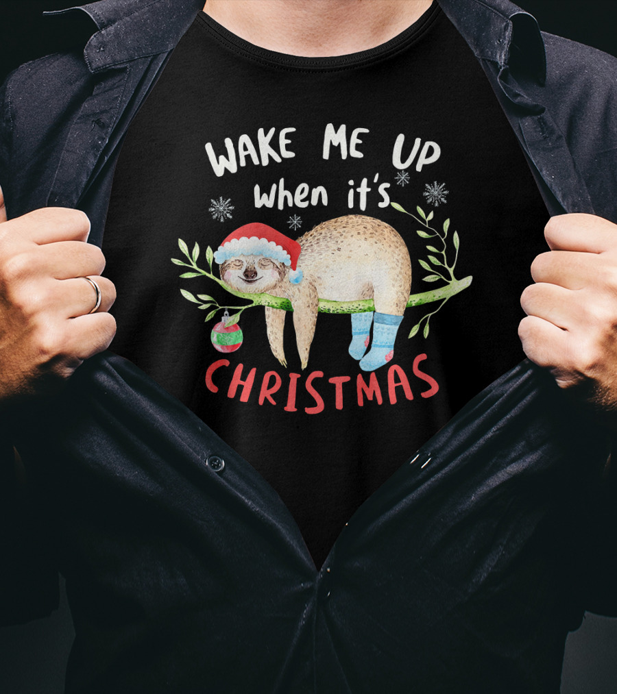 Wake Me Up When It's Christmas Cute Sloth With Santa Hat T-Shirt