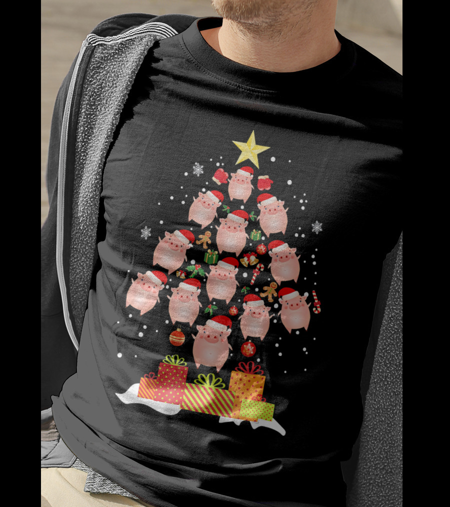 Christmas Tree Of Santa Hat Pigs With Gifts And Snowflakes T-Shirt