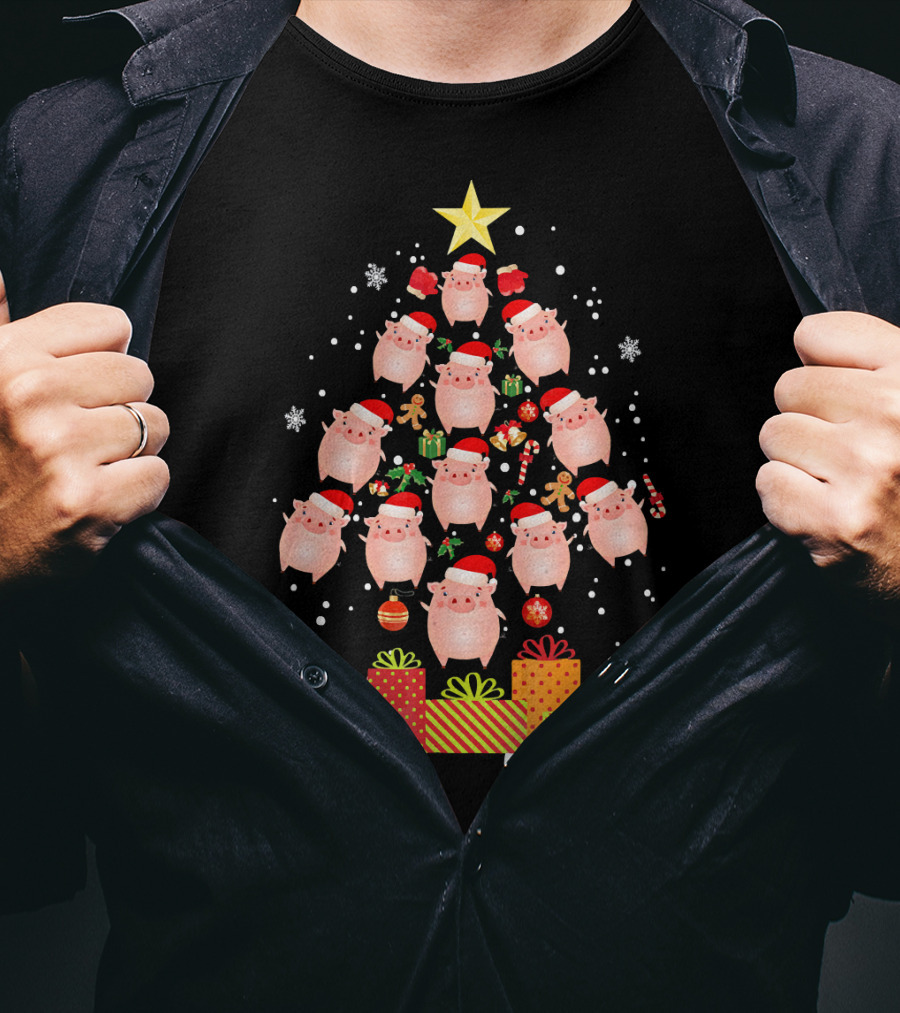 Christmas Tree Of Santa Hat Pigs With Gifts And Snowflakes T-Shirt