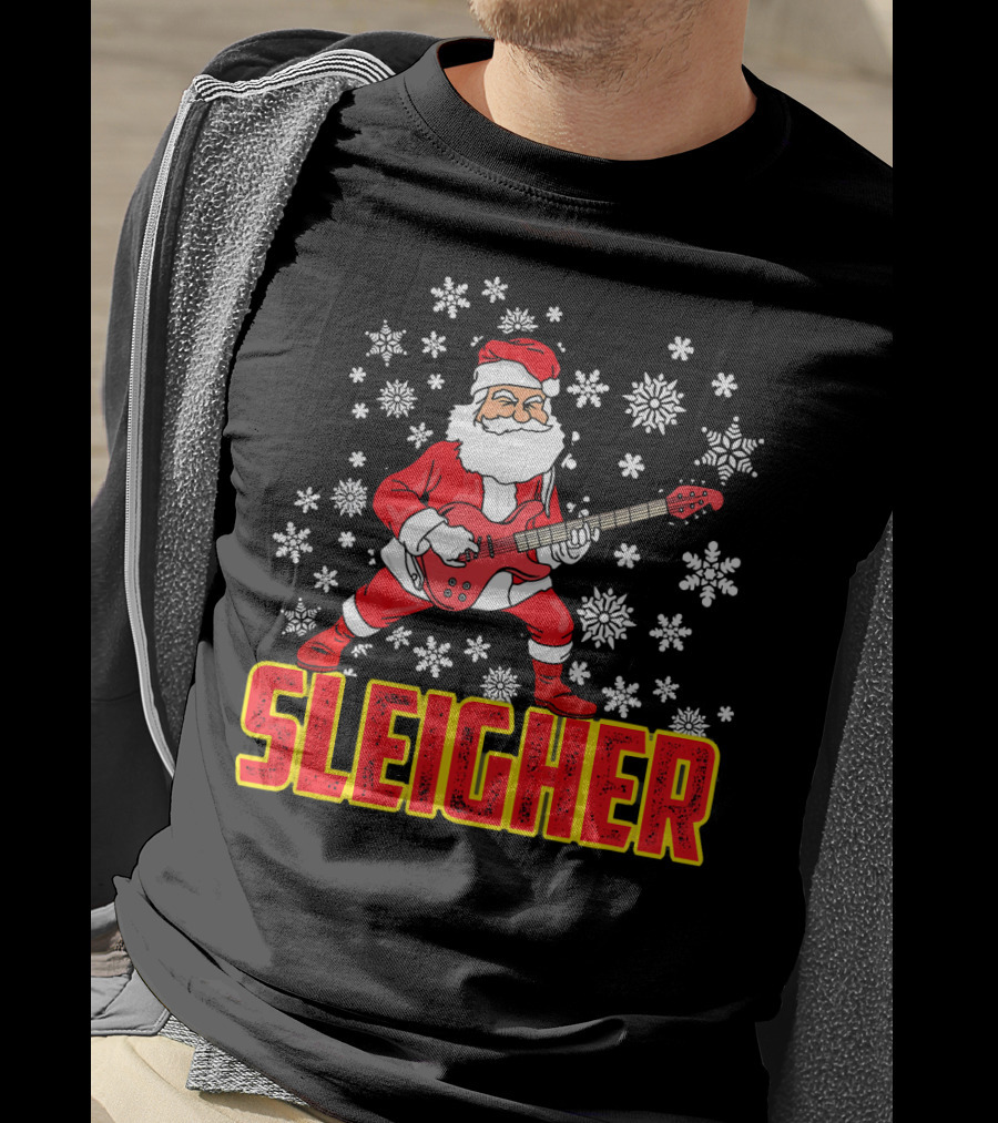 Sleigher Santa Claus With Guitar And Snowflakes T-Shirt