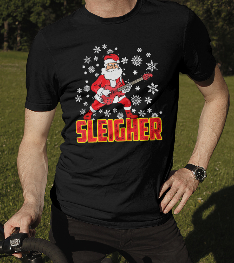 Sleigher Santa Claus With Guitar And Snowflakes T-Shirt