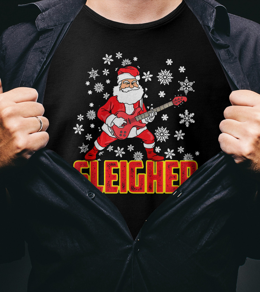 Sleigher Santa Claus With Guitar And Snowflakes T-Shirt