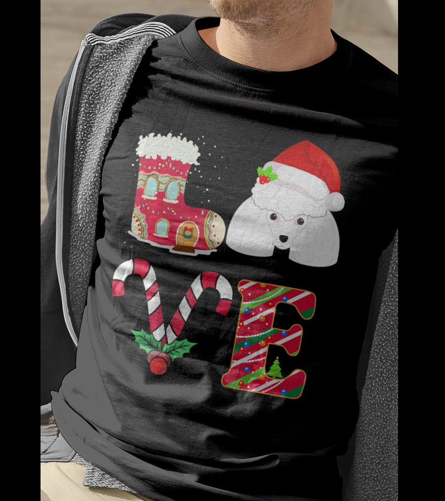 I Love My Poodle Funny Christmas Poodle Candy Cane Santa Hat Holiday Boot T-Shirt