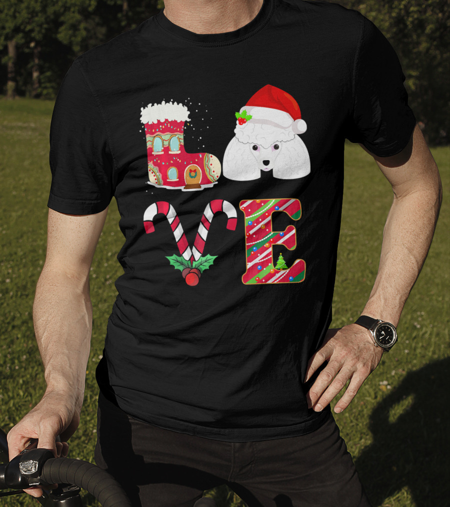 I Love My Poodle Funny Christmas Poodle Candy Cane Santa Hat Holiday Boot T-Shirt