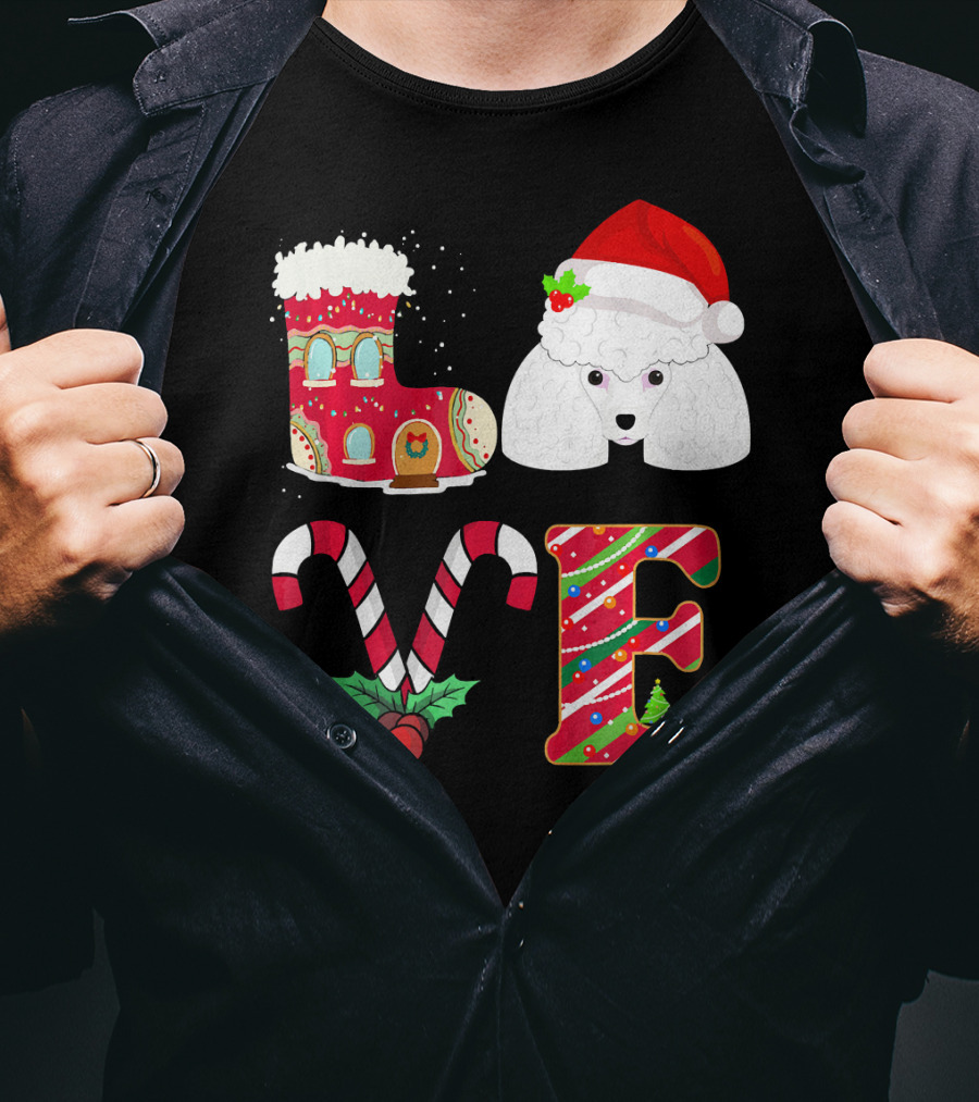 I Love My Poodle Funny Christmas Poodle Candy Cane Santa Hat Holiday Boot T-Shirt