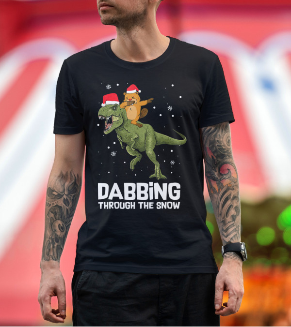Premium T-Shirt: Beaver Dabbing on Dinosaur Wearing Santa Hats Dabbing Through the Snow T-Shirt Beaver Dabbing on Dinosaur Wearing Santa Hats Dabbing Through the Snow T-Shirt