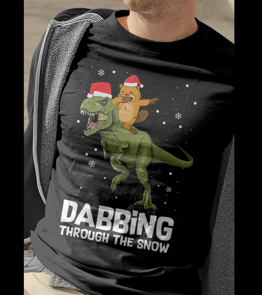 Beaver Dabbing On Dinosaur Wearing Santa Hats Dabbing Through The Snow T-Shirt