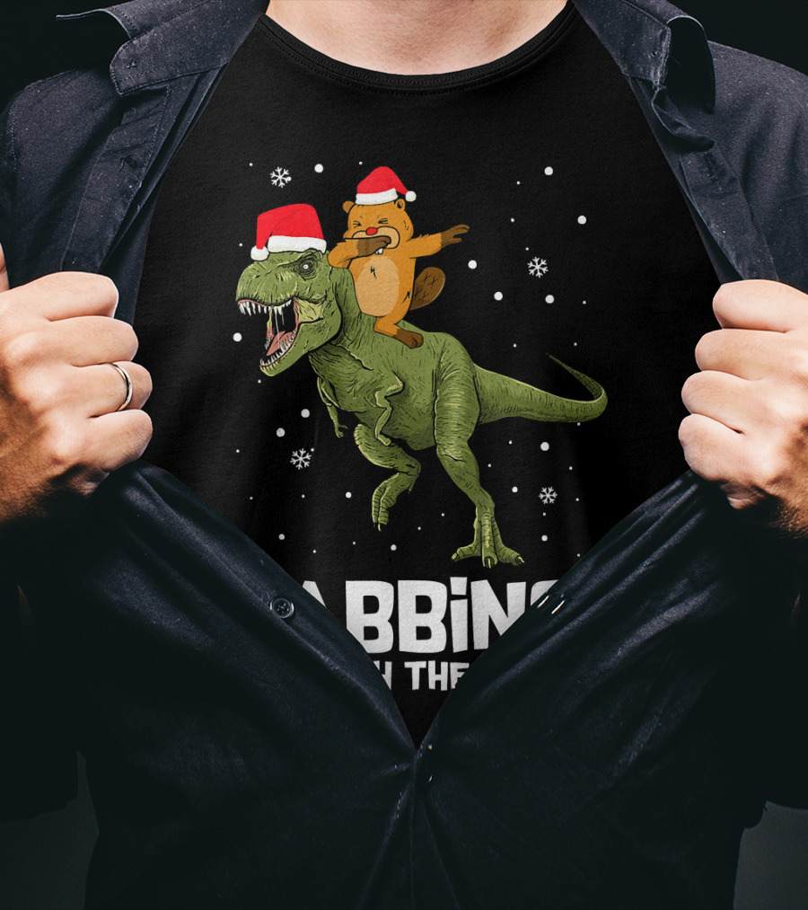 Beaver Dabbing On Dinosaur Wearing Santa Hats Dabbing Through The Snow T-Shirt