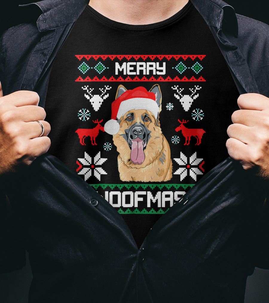 Merry Woofmas German Shepherd Santa Hat Christmas Reindeer Snowflakes T-Shirt