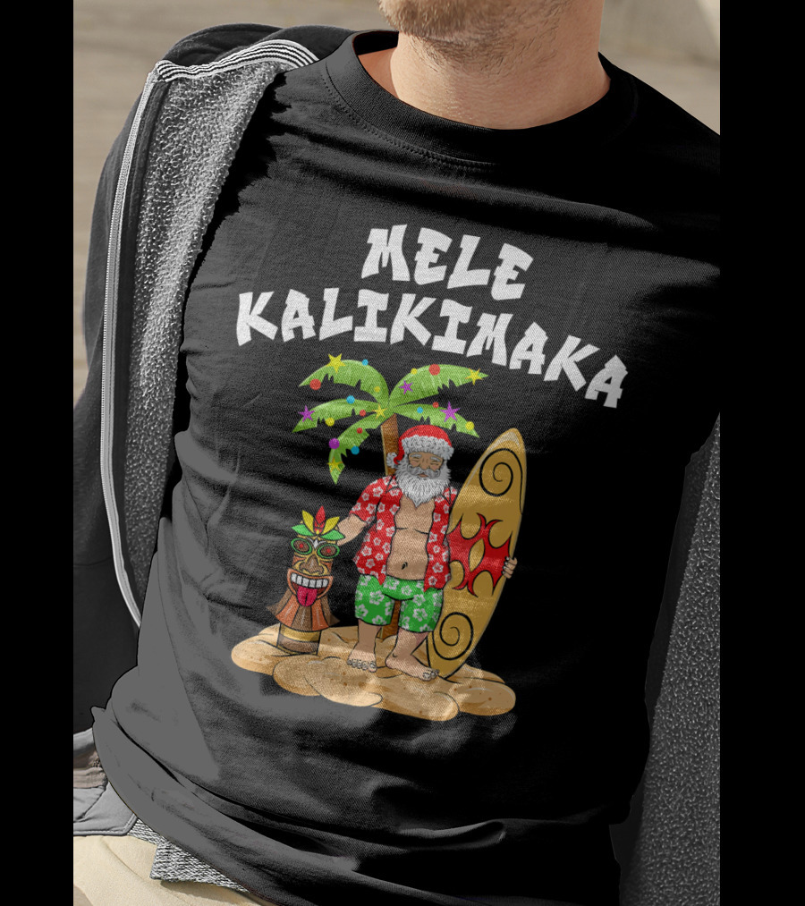Mele Kalikimaka Santa With Surfboard And Tropical Tiki Palm Tree T-Shirt