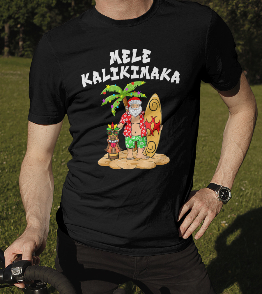 Mele Kalikimaka Santa With Surfboard And Tropical Tiki Palm Tree T-Shirt