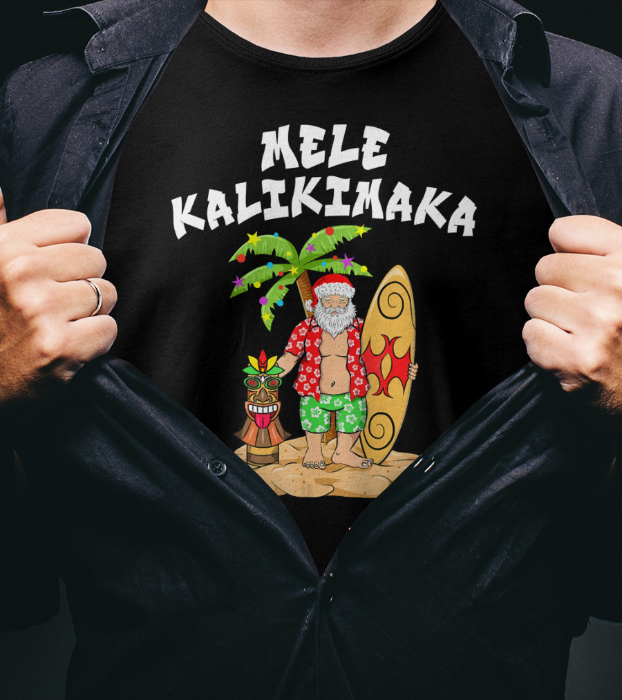 Mele Kalikimaka Santa With Surfboard And Tropical Tiki Palm Tree T-Shirt