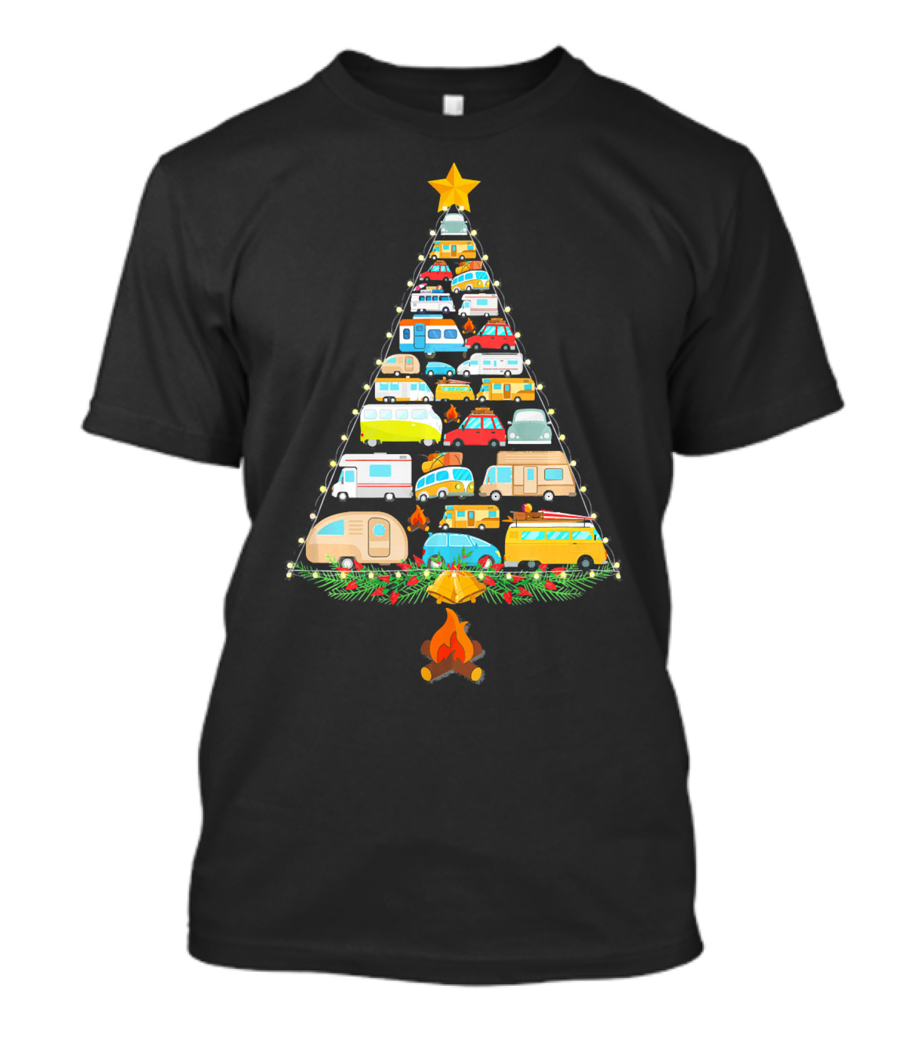 Christmas Tree Made Of Colorful Camping Vehicles With Star And Campfire T-Shirt