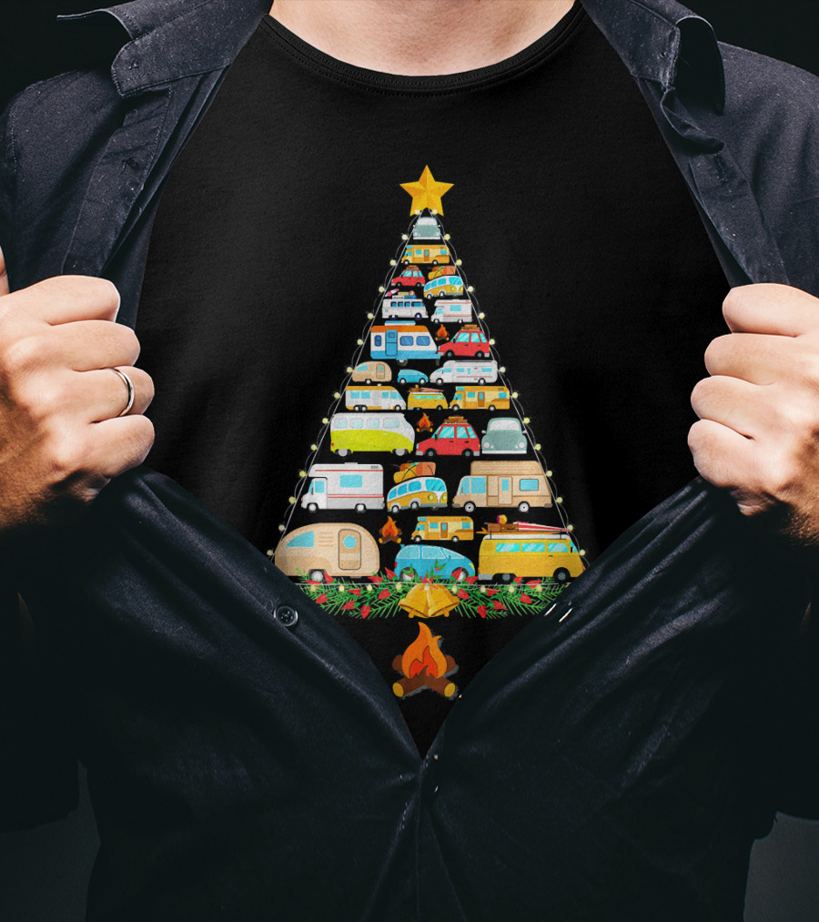 Christmas Tree Made Of Colorful Camping Vehicles With Star And Campfire T-Shirt