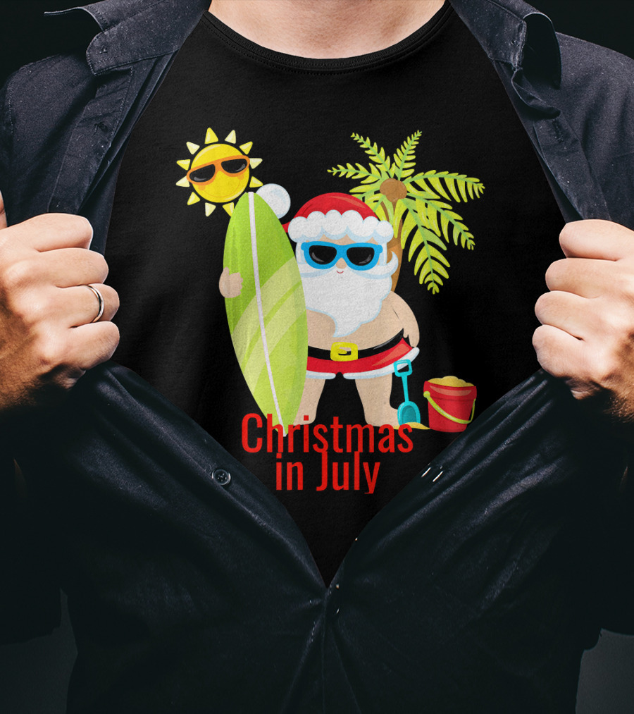Christmas In July Beach Santa Surfer Sunny Holiday Fun T-Shirt