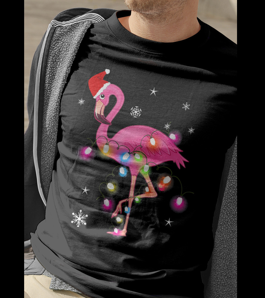 Pink Flamingo Christmas Lights And Santa Hat T-Shirt