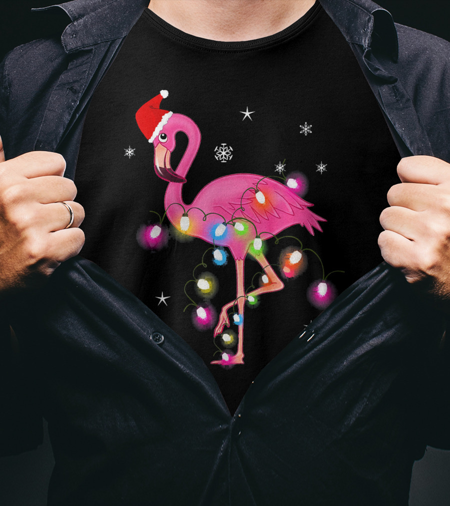 Pink Flamingo Christmas Lights And Santa Hat T-Shirt