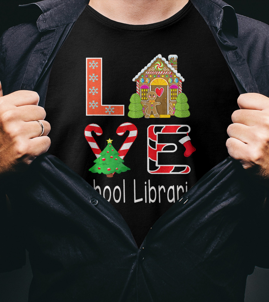 LOVE School Librarian Merry Christmas Gingerbread House Candy Cane Tree T-Shirt