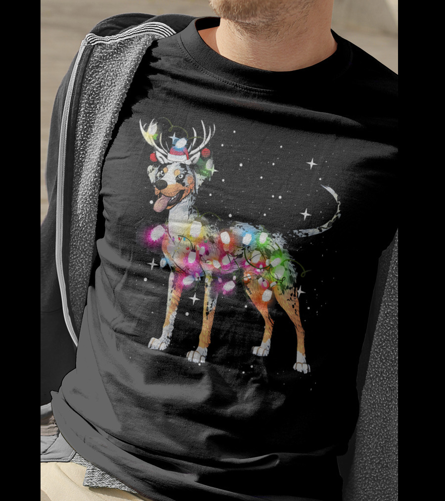 Festive Catahoula Leopard Dog With Christmas Lights And Reindeer Antlers T-Shirt