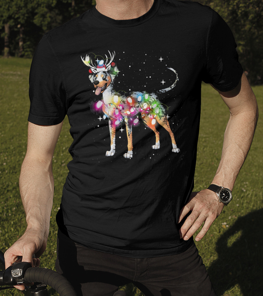 Festive Catahoula Leopard Dog With Christmas Lights And Reindeer Antlers T-Shirt