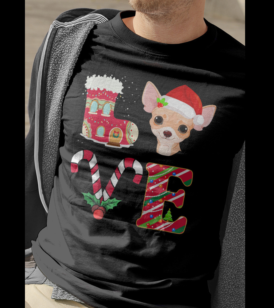 I Love My Chihuahua Christmas Theme With Santa Hat And Holiday Decorations T-Shirt