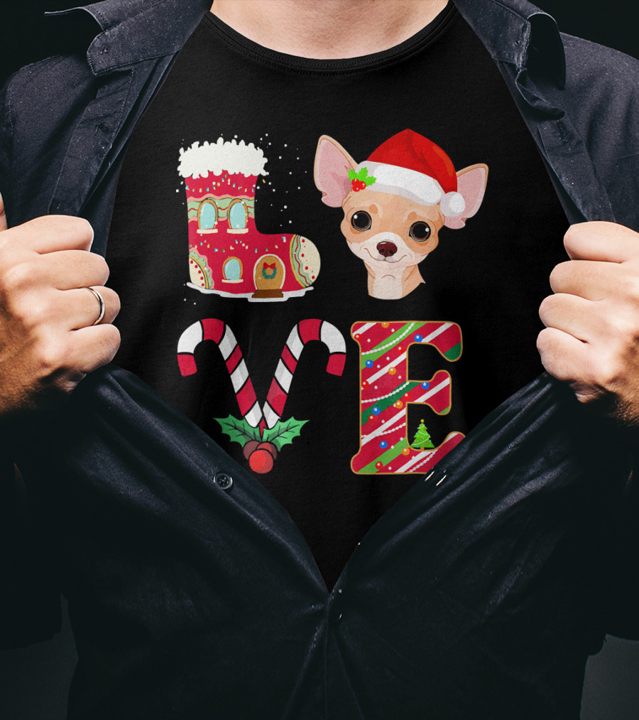 I Love My Chihuahua Christmas Theme With Santa Hat And Holiday Decorations T-Shirt