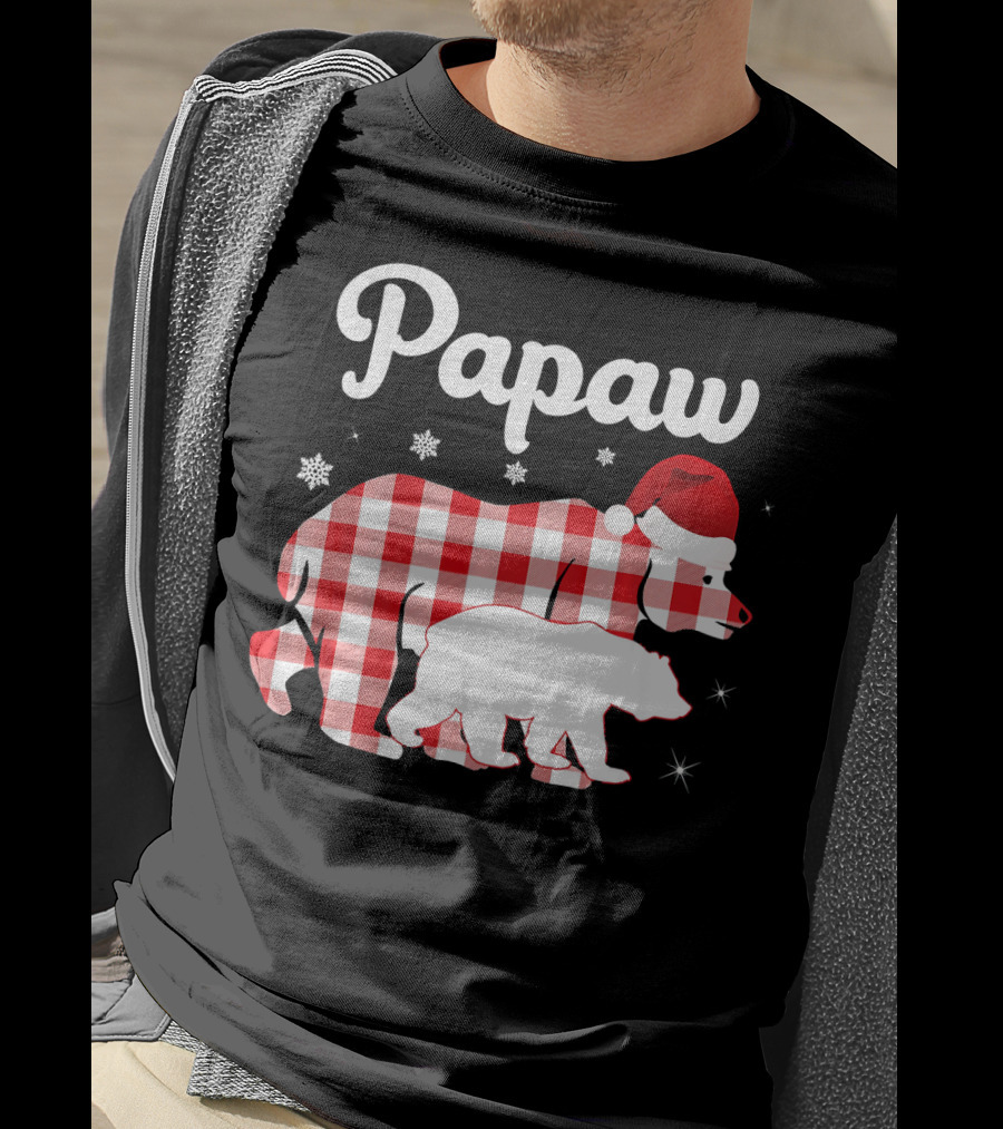 Papaw Red Plaid Bear Santa Hat Snowflakes Matching Family Pajama T-Shirt