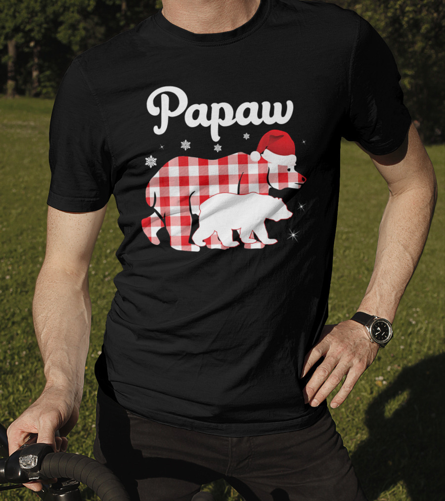 Papaw Red Plaid Bear Santa Hat Snowflakes Matching Family Pajama T-Shirt
