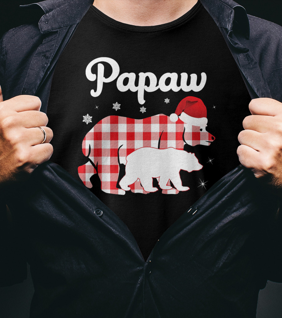 Papaw Red Plaid Bear Santa Hat Snowflakes Matching Family Pajama T-Shirt