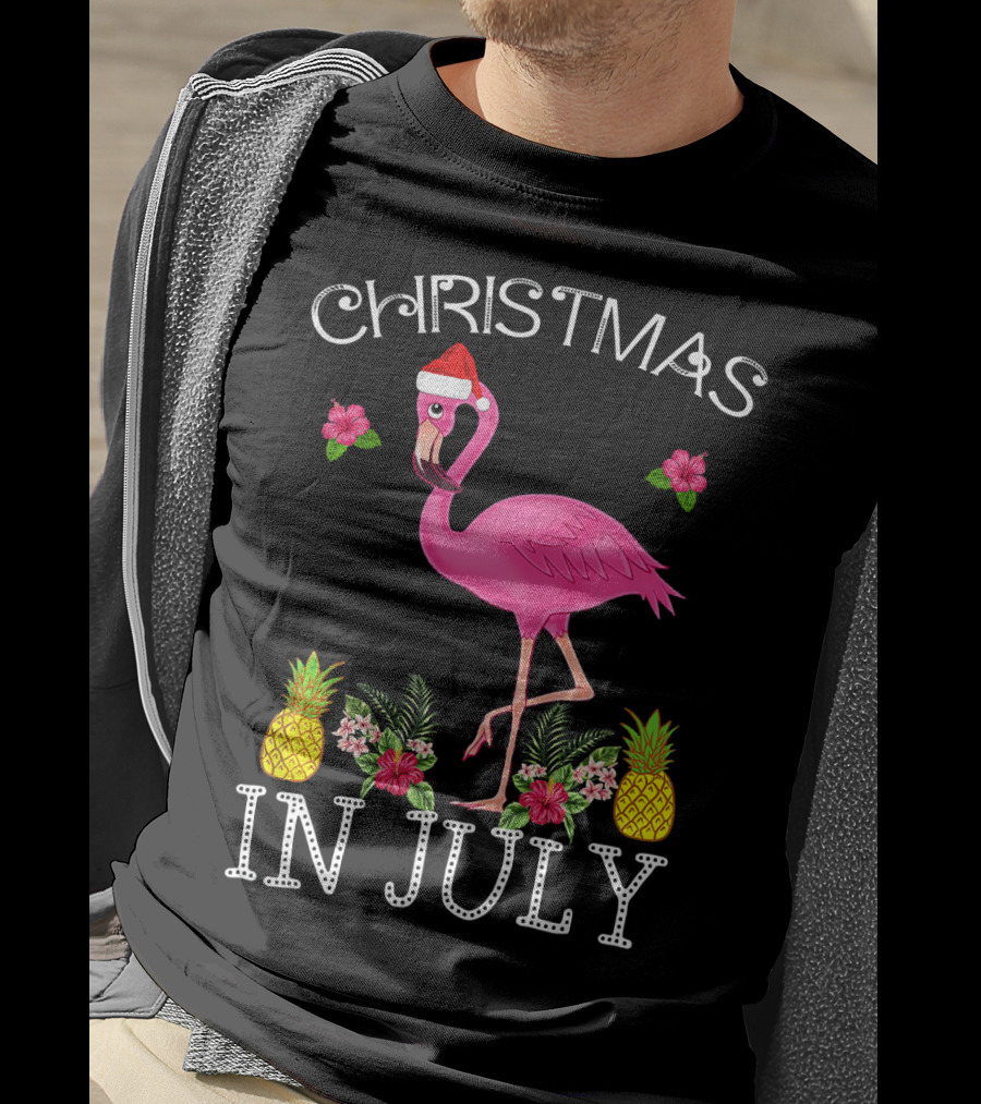 Christmas In July Pink Flamingo Santa Hat Pineapples Floral T-Shirt