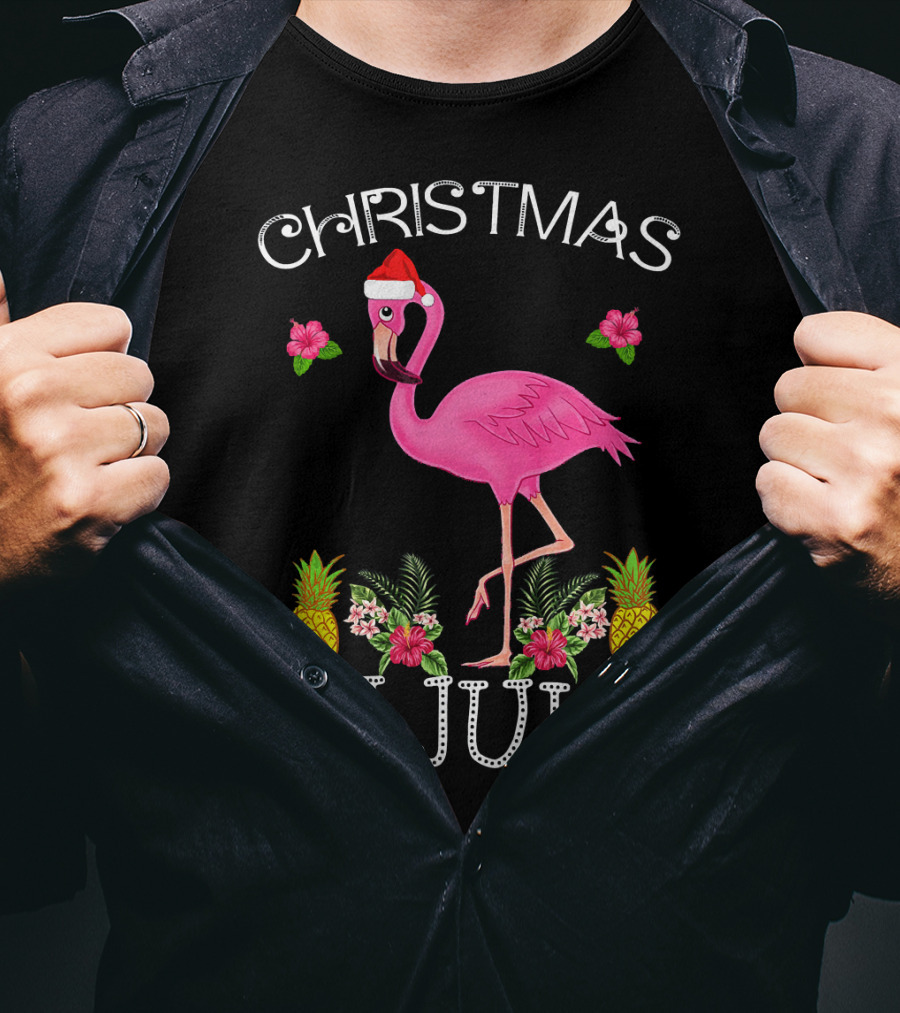 Christmas In July Pink Flamingo Santa Hat Pineapples Floral T-Shirt