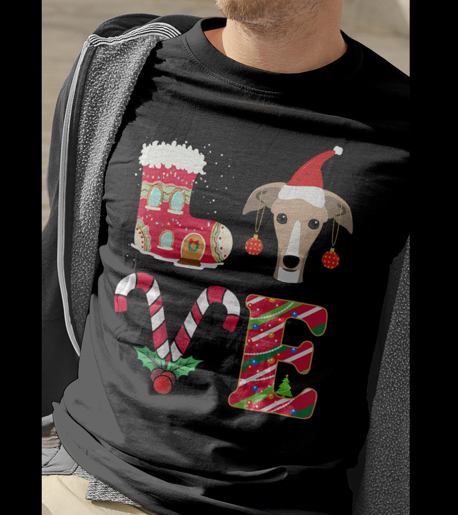 I Love My Greyhound Christmas Love Gingerbread Stocking Santa Hat Candy Cane Ornaments T-Shirt