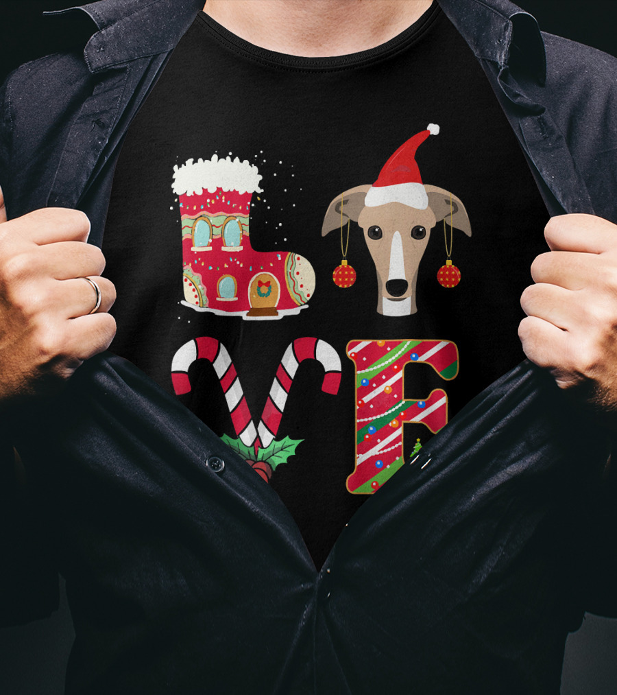 I Love My Greyhound Christmas Love Gingerbread Stocking Santa Hat Candy Cane Ornaments T-Shirt