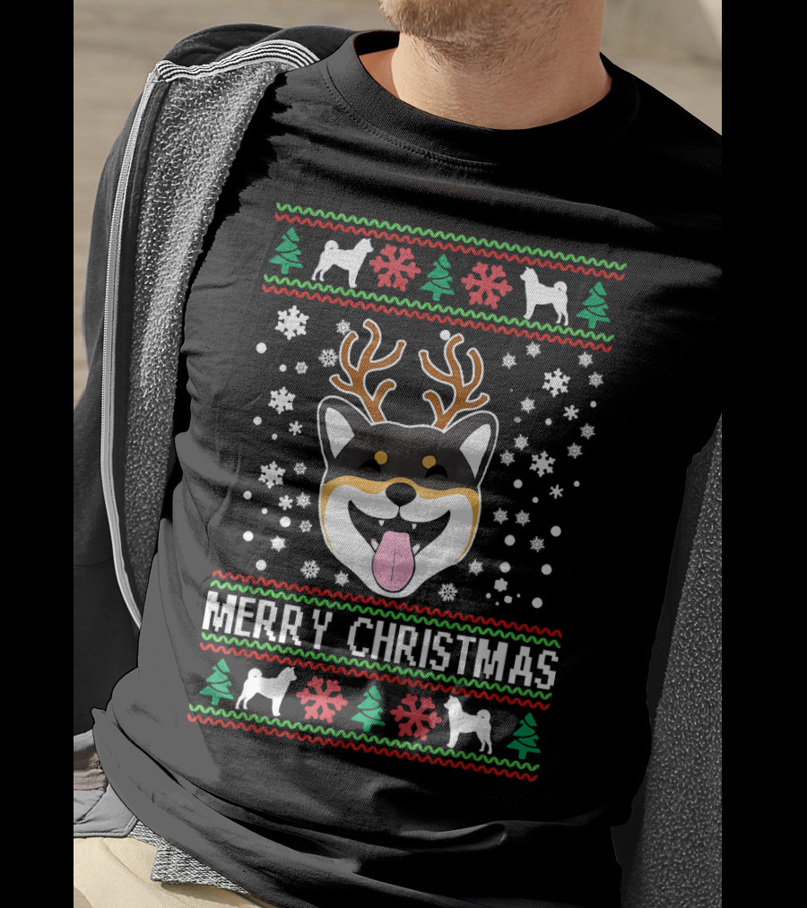 Merry Christmas Shiba Inu Reindeer Antlers Snowflakes Ugly T-Shirt