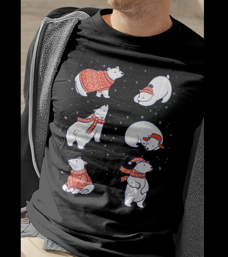 Cute Hand Drawn Polar Bear In Festive Red Sweaters And Scarves T-Shirt